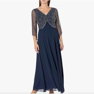 J Kara Beaded Navy Maxi Dress with V-Neck